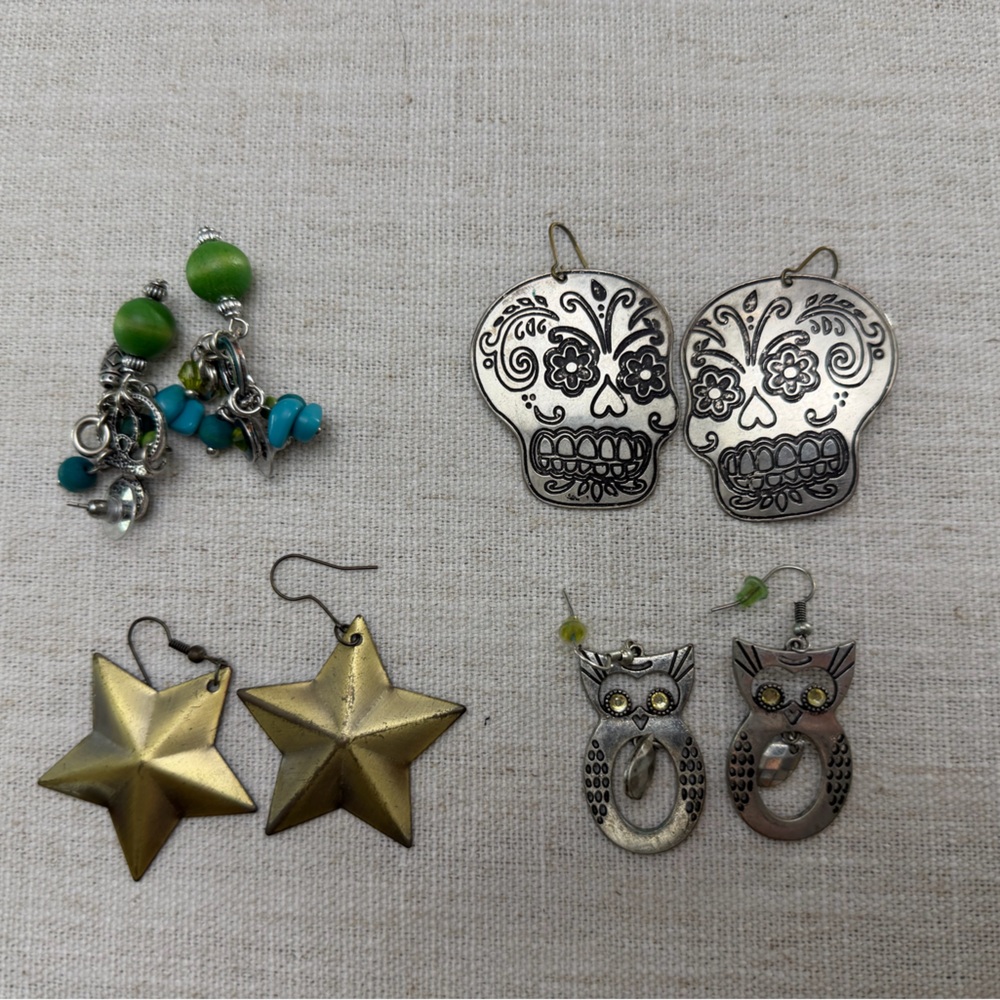 Mixed Earrings Set- Green Beaded, Sugar Skull, Gold Star, Owl.4 pair of earrings